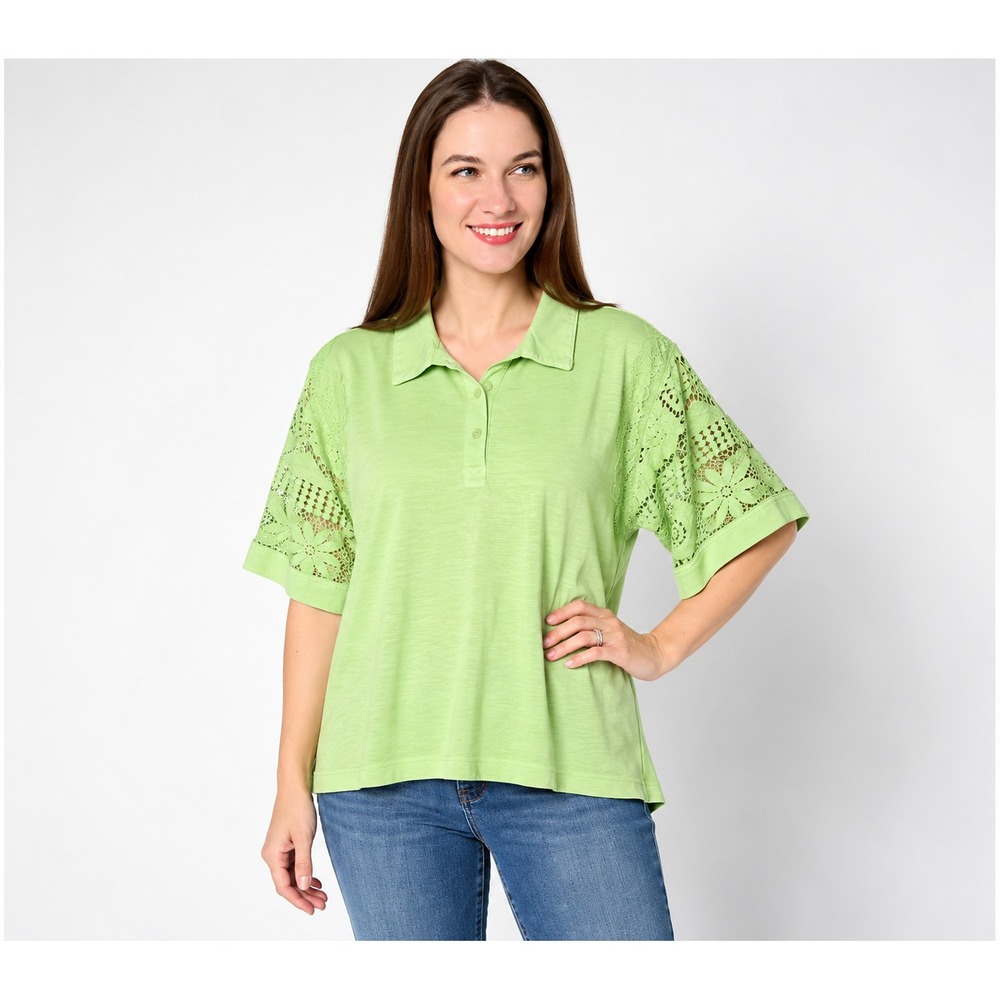LOGO Lavish by Lori Goldstein 100% Cotton Polo Top with Lace Seedling, X-Large